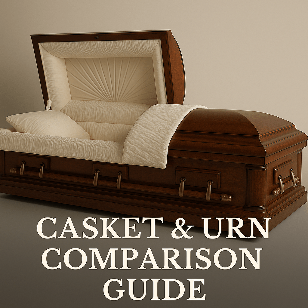 Elegant wooden casket with floral arrangement in a softly lit funeral setting