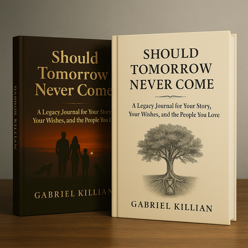 Two hardcover books titled “Should Tomorrow Never Come” by Gabriel Killian — a legacy journal to record your story, your wishes, and the people you love.