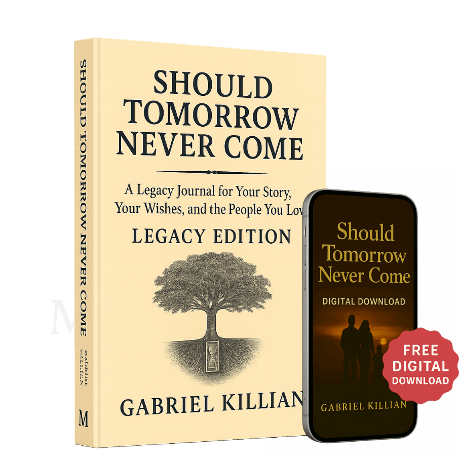 Hardcover edition of Should Tomorrow Never Come by Gabriel Killian alongside a smartphone displaying the digital version, marked with a red badge that says "Free Digital Download."